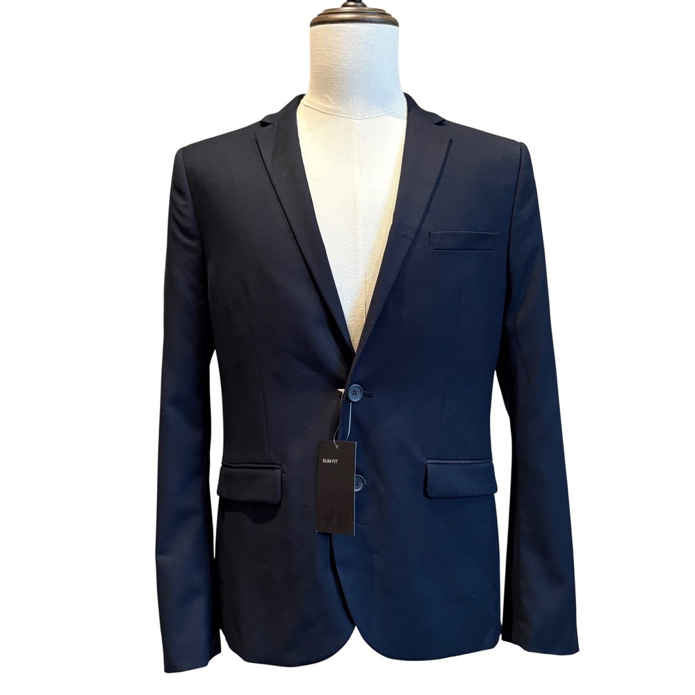 H&M Blazer 40R Navy Blue Solid Slim Fit Wool Blend Two Button Sport Coat NEW
